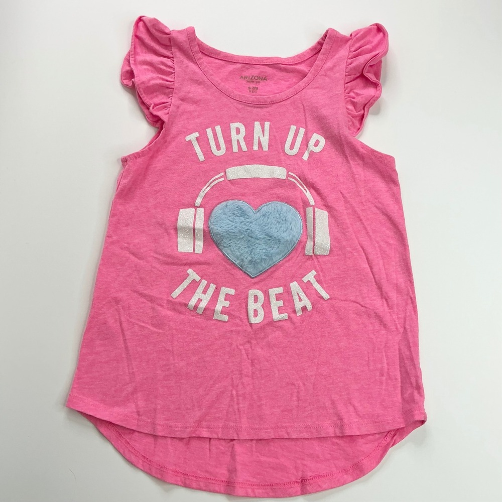 Arizona Pink Graphic Tee Kids Size 7/8 Turn Up The Beat Flutter Sleeve Heart